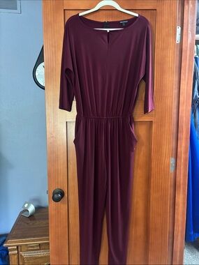 Nina Leonard Burgundy Long-Sleeve Jumpsuit with Elastic Waist